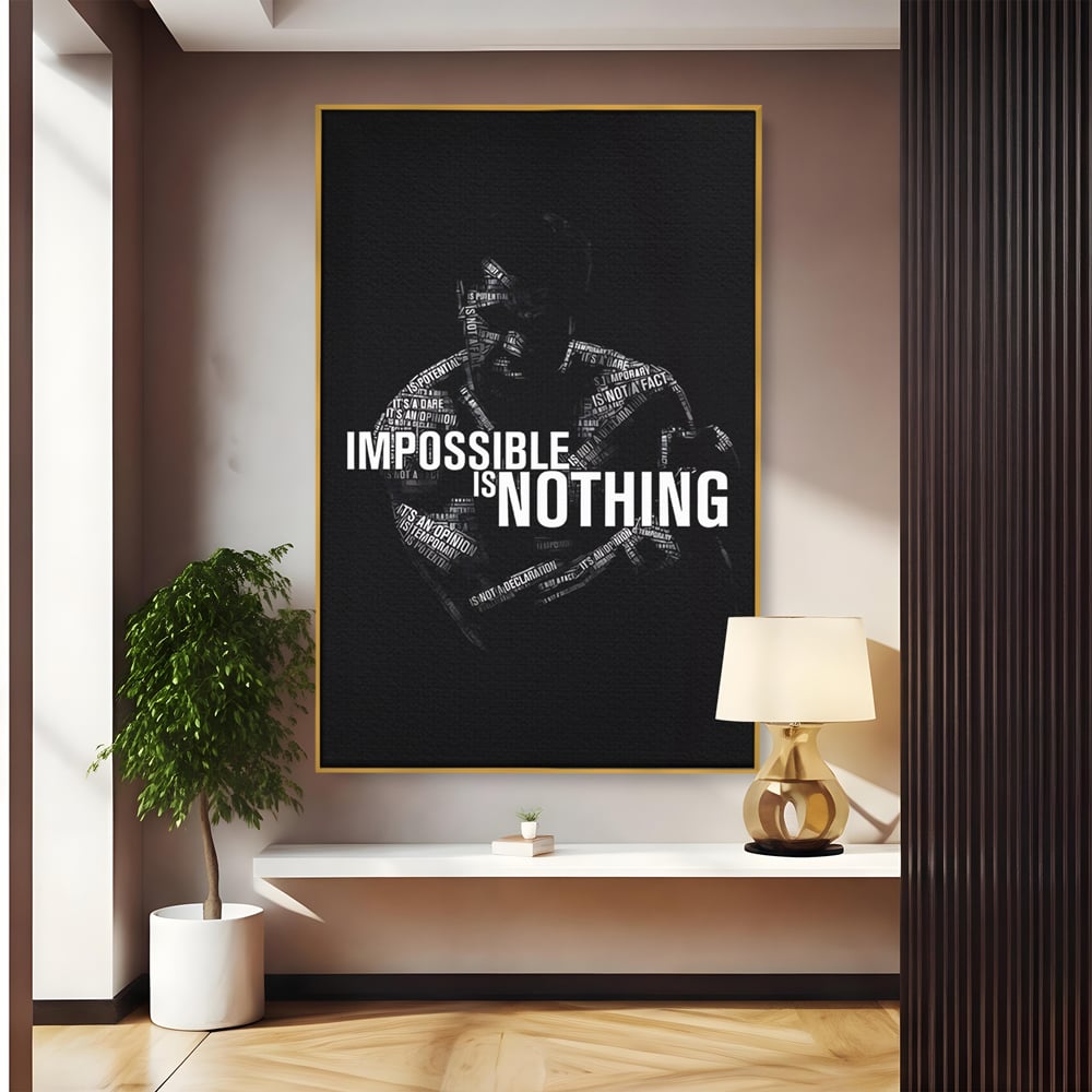 Tablou canvas cu tablou canvas cu silueta masculina si text motivational, in rama de aluminiu auriu
